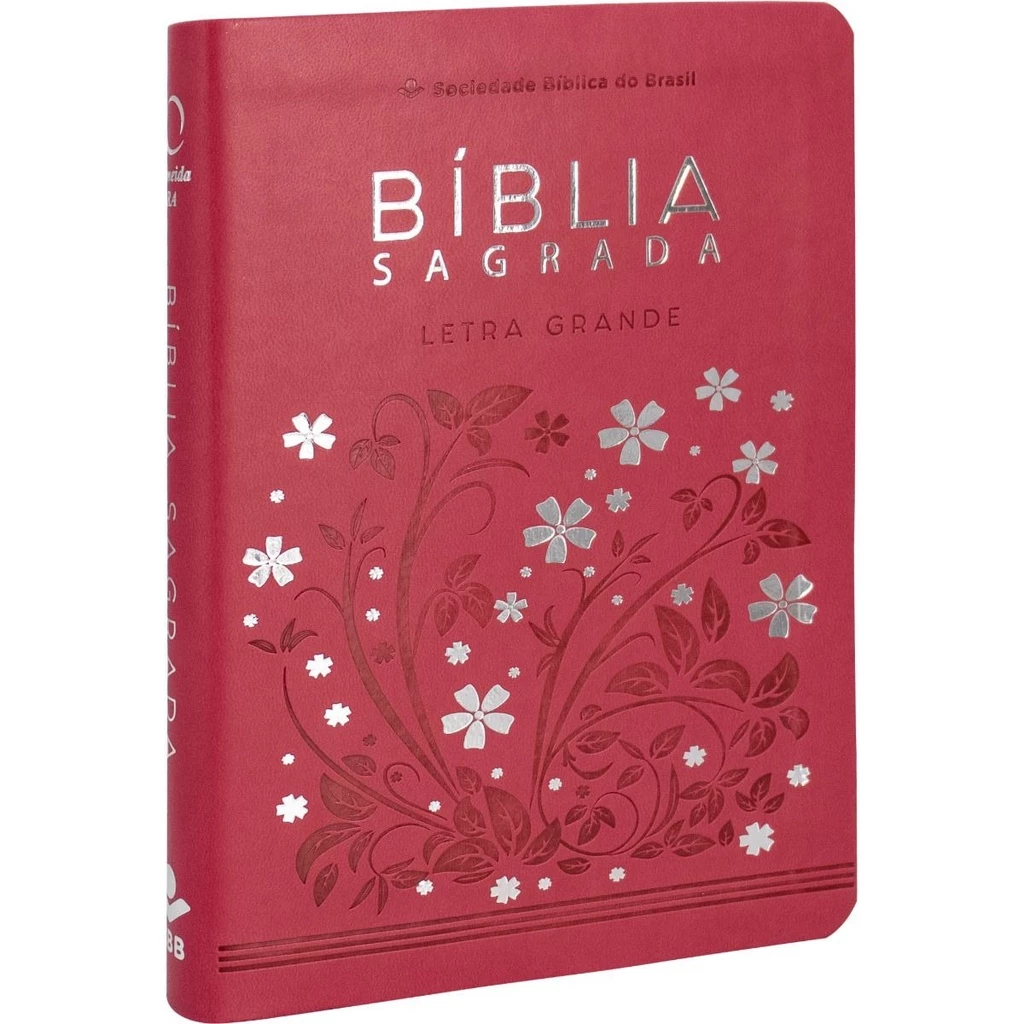 Pink leather Bible cover with large print titled "Bíblia Sagrada RA"