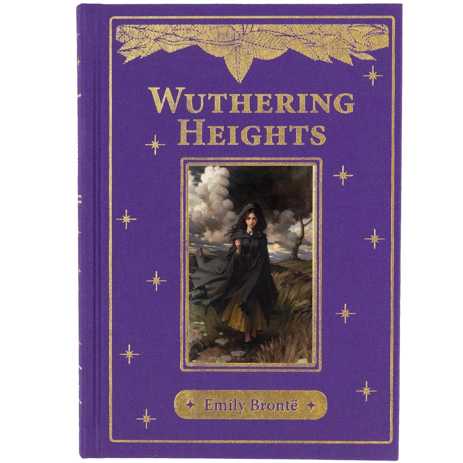 Capa de capa dura de "Wuthering Heights" de Emily Brontë, apresentando uma paisagem de planalto nevoeiro e um mansão gótica, refletindo o clima sombrio da obra.