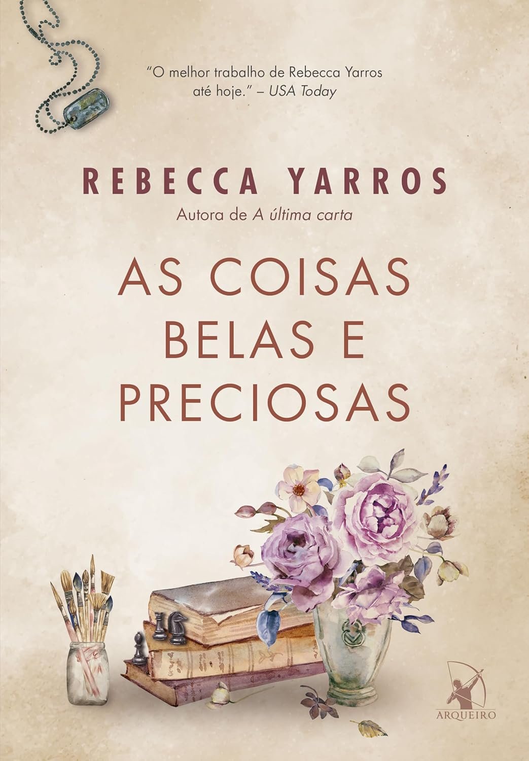 Ilustração de capa do livro 'As coisas belas e preciosas' mostrando um soldado cansado de guerra em meio a uma paisagem rural, com uma foto de família em sua mão.