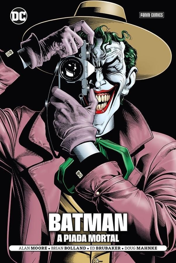 Ilustração de capa de quadrinhos de Batman e Coringa, com Barbara Gordon ao fundo, em estilo de Brian Bolland.