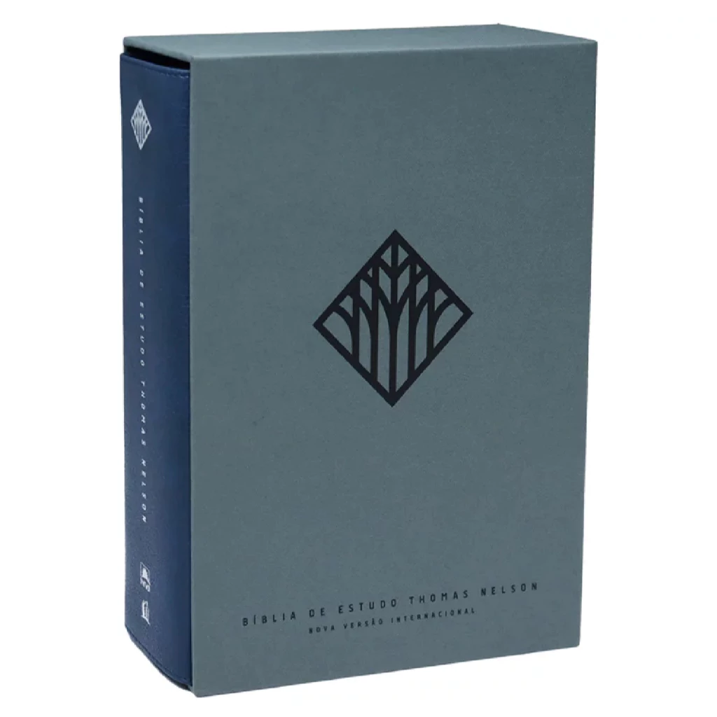 Luxurious blue cover of Bíblia De Estudo Thomas Nelson with silver border and embossed title