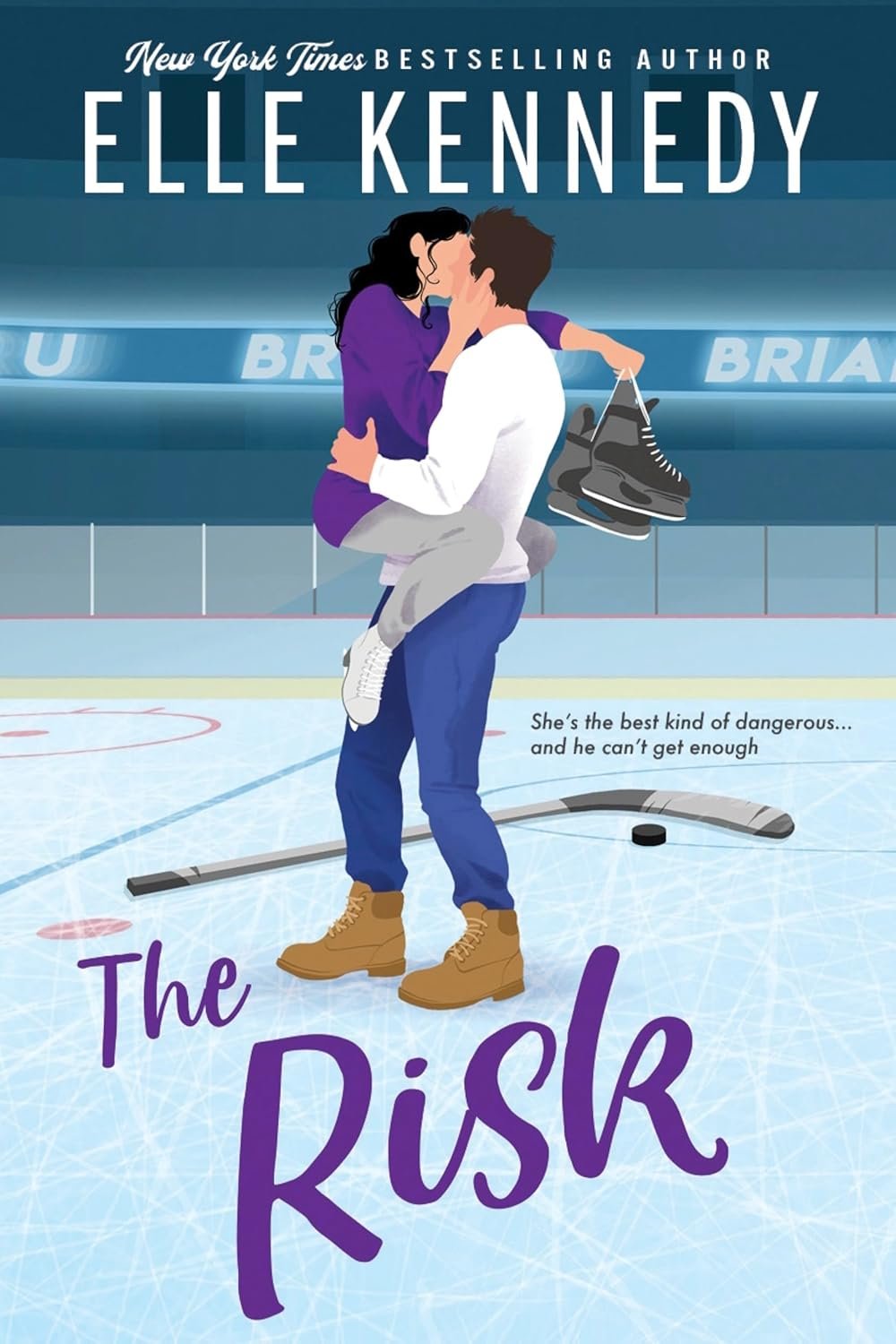 Illustration of a confident young woman and a charismatic male student standing on a college campus with a hockey rink in the background, reflecting romance and rebellion in Elle Kennedy's "The Risk".