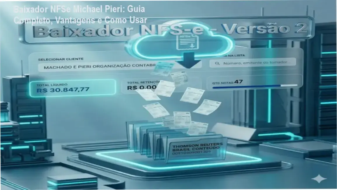 Tela do Baixador NFSe Michael Pieri mostrando download automático de XMLs e PDFs de notas fiscais