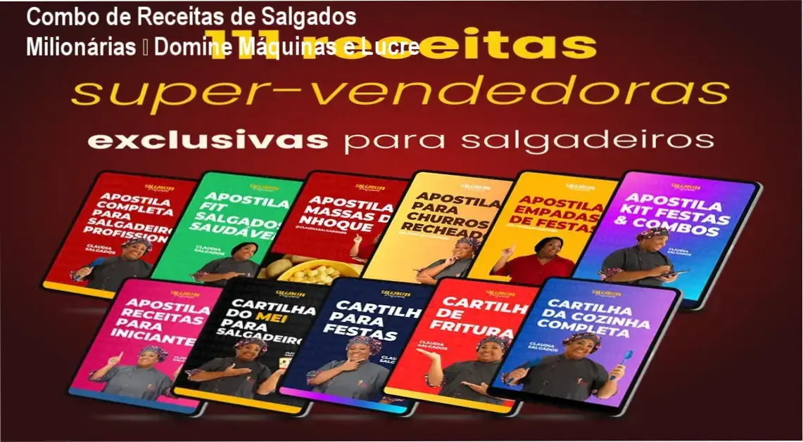 Apostilas digitais do Combo de Receitas de Salgados Milionárias mostrando técnicas de massa para máquinas modeladoras