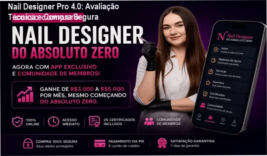 Captura de tela do curso Nail Designer Pro 4.0 mostrando certificação e módulos