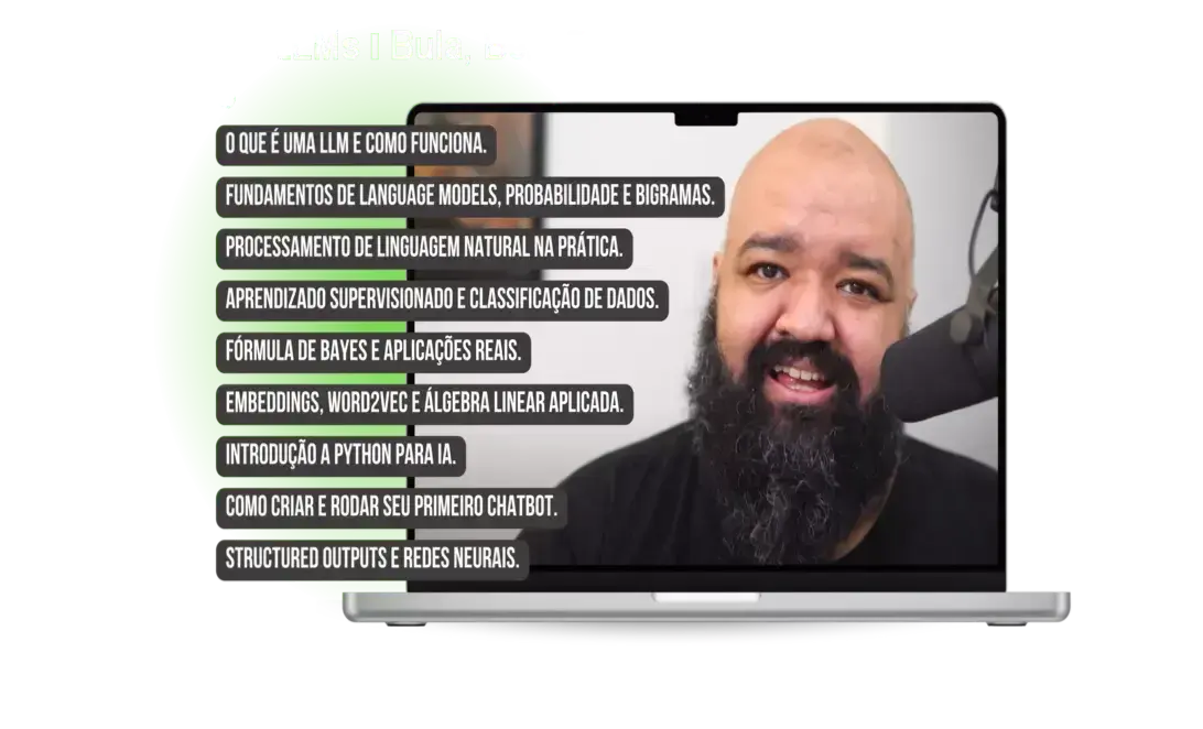 Capa do curso O Senhor das LLMs mostrando o autor Caio Gomes e visual de IA aplicada