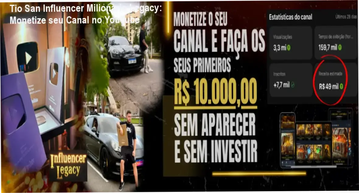 Capa do curso Tio San Influencer Milionário Legacy mostrando ganho de R$10 mil no AdSense