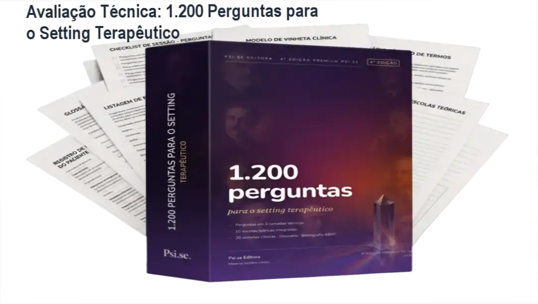 Capa do ebook 1.200 Perguntas para o Setting Terapêutico – 4ª Edição Premium mostrando páginas de perguntas clínicas