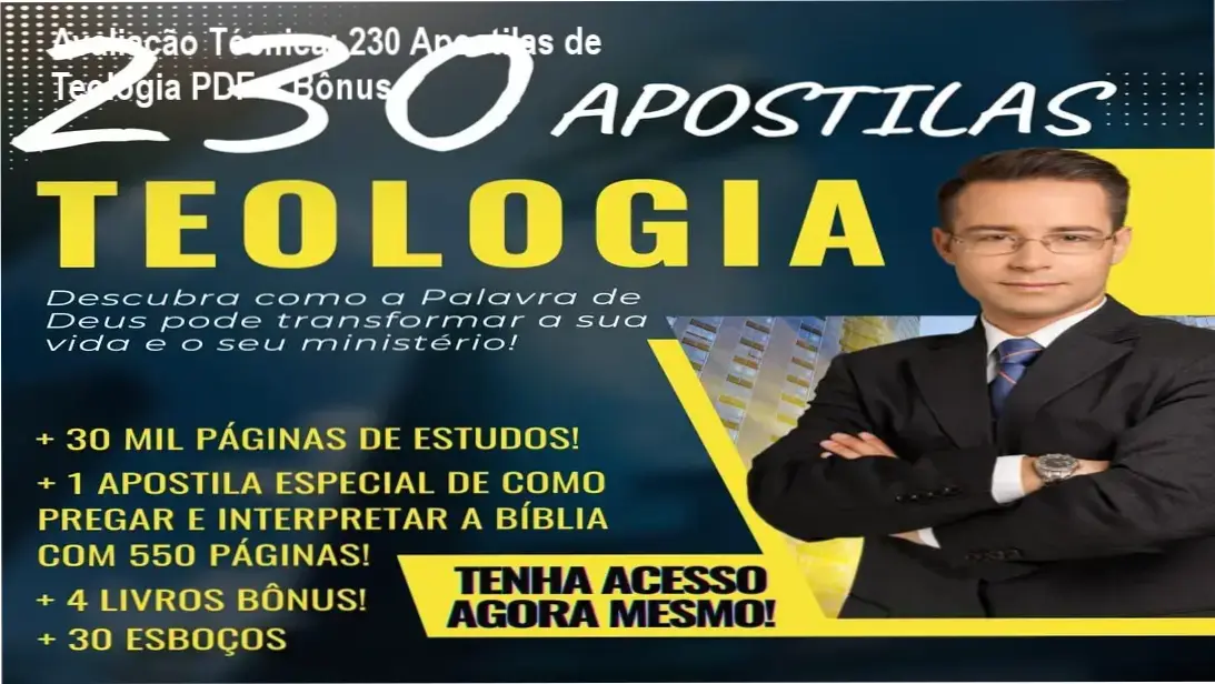 Capa digital mostrando 230 apostilas de teologia em PDF com bônus e esboços de pregação