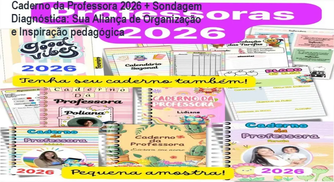 Caderno da Professora 2026 com Sondagem Diagnóstica aberto em dispositivo digital, mostrando capa personalizável e layout interativo