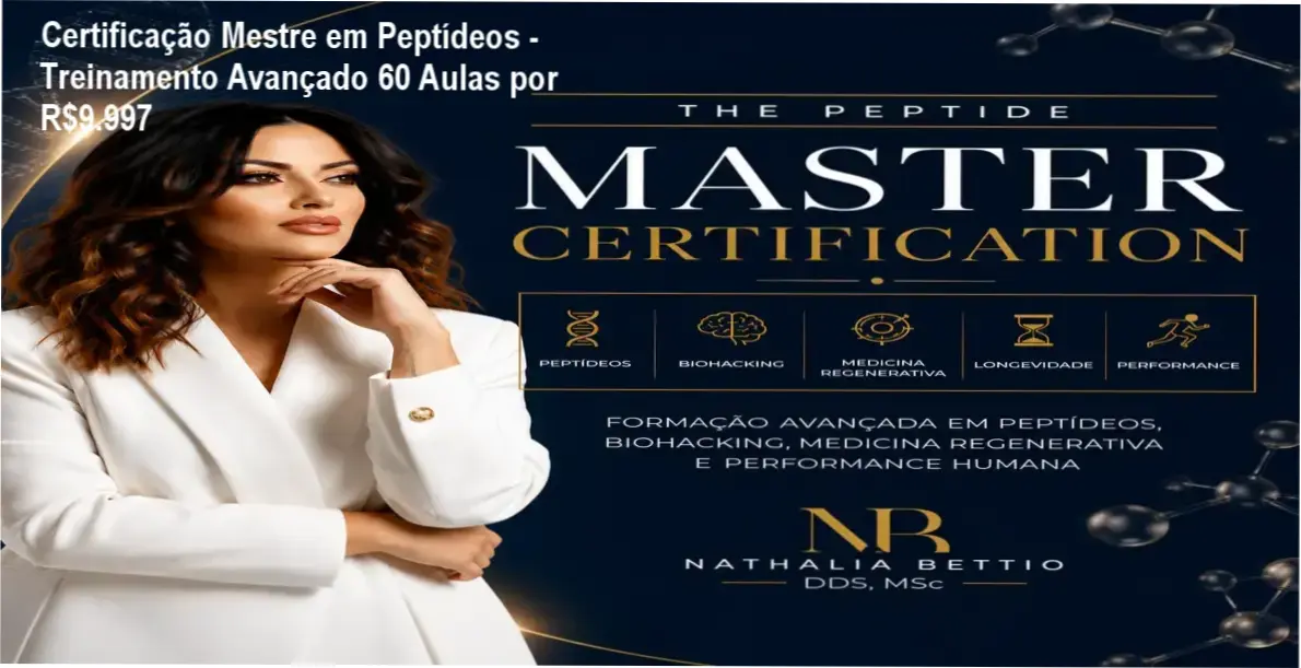 Tela da plataforma Hotmart mostrando o curso THE PEPTIDE MASTER CERTIFICATION com profissionais da saúde analisando protocolos clínicos