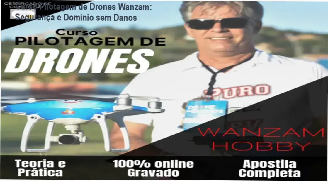 Imagem do curso online de pilotagem de drones Wanzam mostrando aula prática e certificado