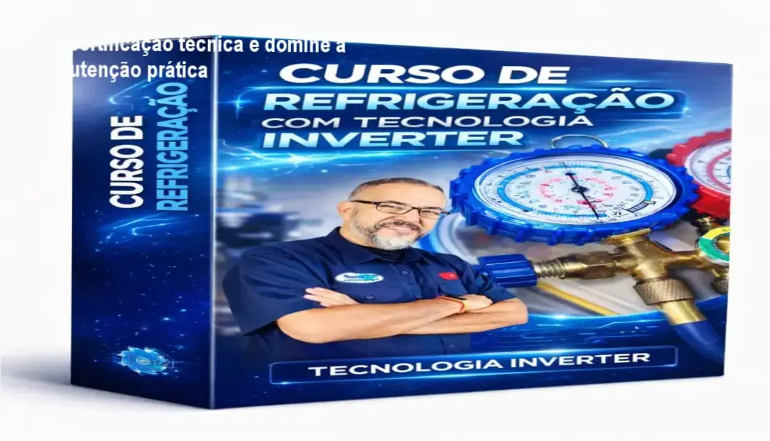 Foto do instrutor Ricardo Muniz, técnico renomado, ao lado de um equipamento inverter moderno com ferramentas de diagnóstico técnico.