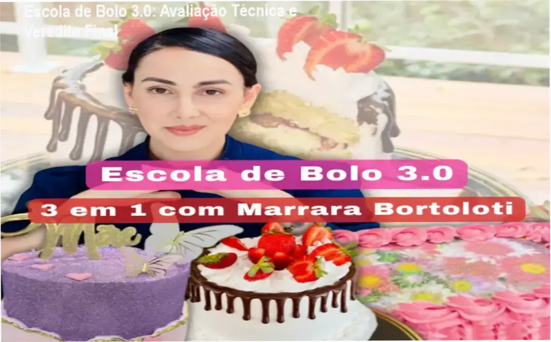 Capa do ebook Escola de Bolo 3.0 mostrando bolos decorados e a autora Marrara Bortoloti