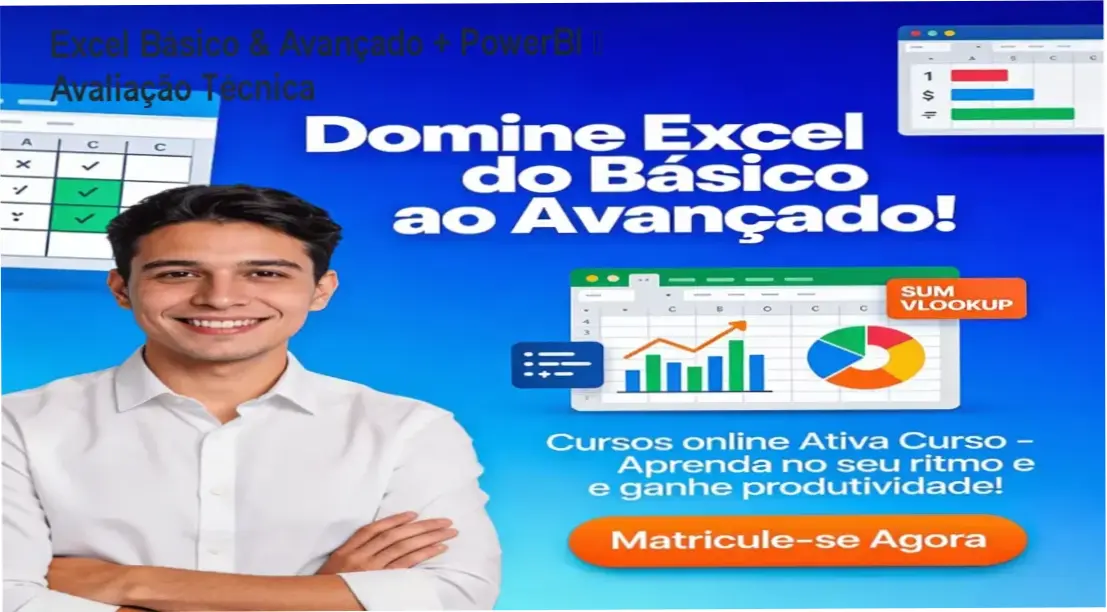 Capa do curso Excel Básico & Avançado com PowerBI mostrando planilhas e gráficos
