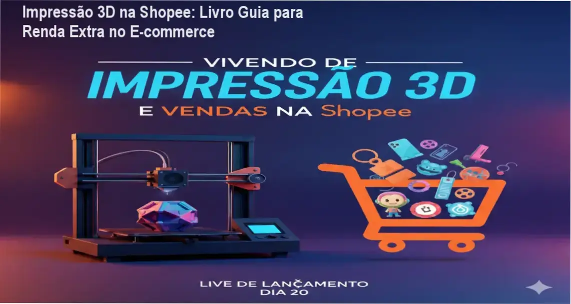 Capa do ebook 'Vivendo de Impressão 3D' com destaque para receita de dinheiro e impressora 3D