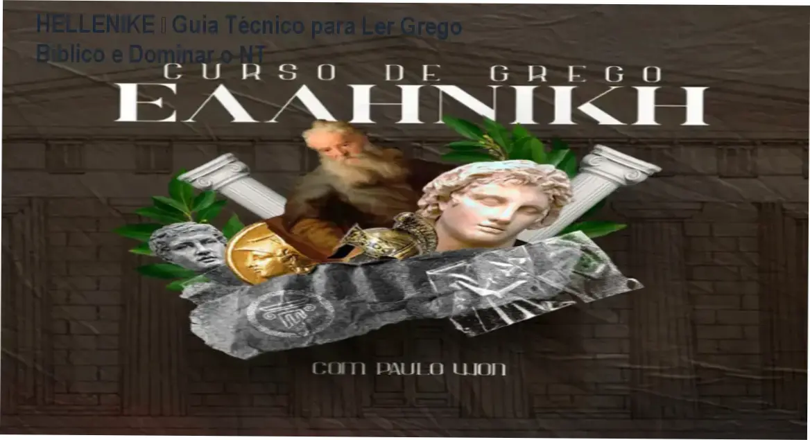 Imagem promocional do curso HELLENIKE de Grego Bíblico com destaque para método online e bônus de crítica textual