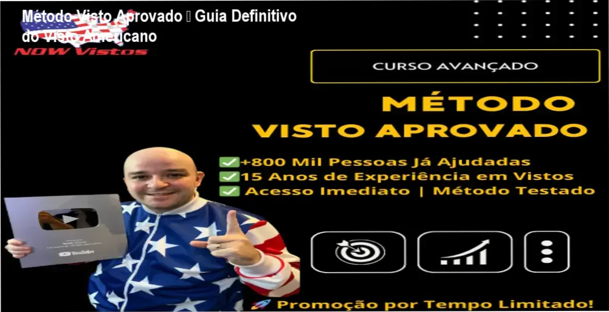 Capa do ebook Método Visto Aprovado mostrando passo a passo para conseguir o visto americano