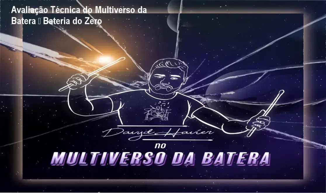 Imagem ilustrativa do curso Multiverso da Batera mostrando bateria e notas musicais