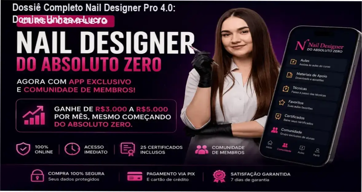 Capa do ebook Nail Designer Pro 4.0 mostrando técnicas de unhas e certificado