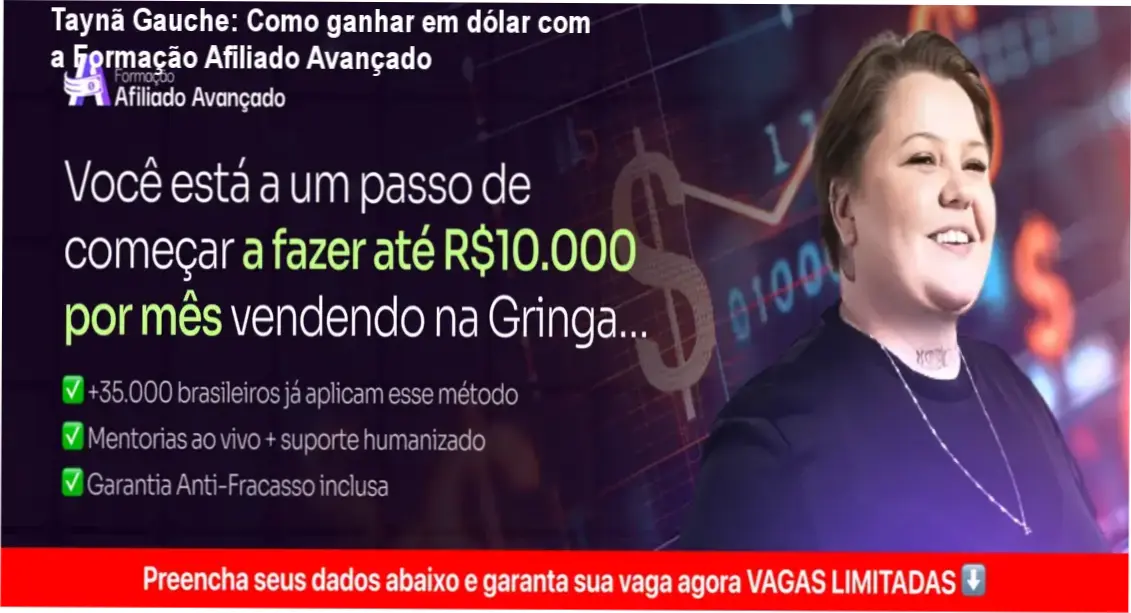 Taynã Gauche apresentando a Formação Afiliado Avançado, método para vender produtos americanos e receber em dólar